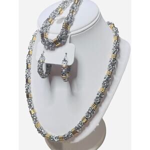 Set of 3 Two tone Byzantine Necklace, Bracelet, Hoop Earrings NIB